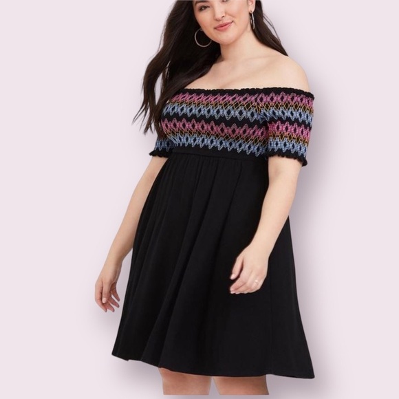 Torrid Black Embroidered Jersey Off Shoulder Skater Dress